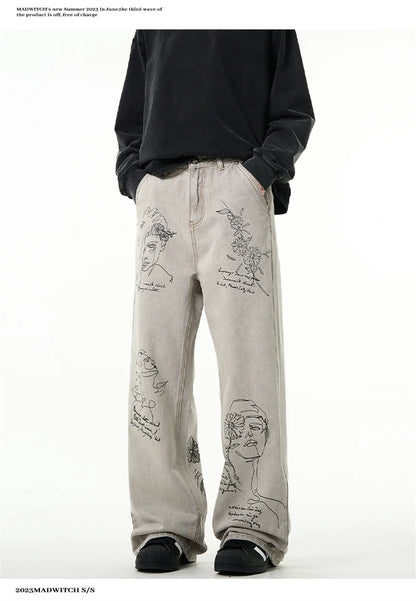 جينز مطبوع عليه رسومات جرافيتي أمريكية عتيقة