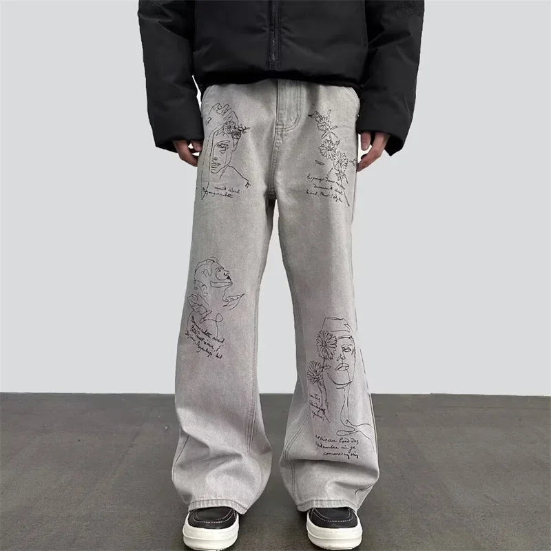 جينز مطبوع عليه رسومات جرافيتي أمريكية عتيقة