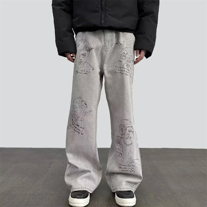 جينز مطبوع عليه رسومات جرافيتي أمريكية عتيقة