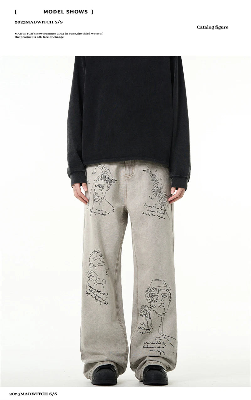 جينز مطبوع عليه رسومات جرافيتي أمريكية عتيقة