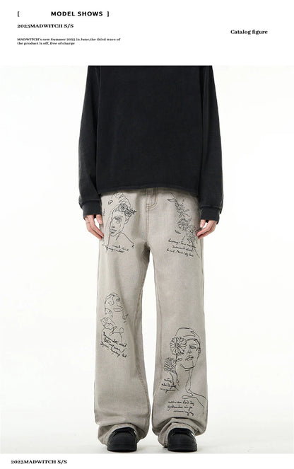 جينز مطبوع عليه رسومات جرافيتي أمريكية عتيقة