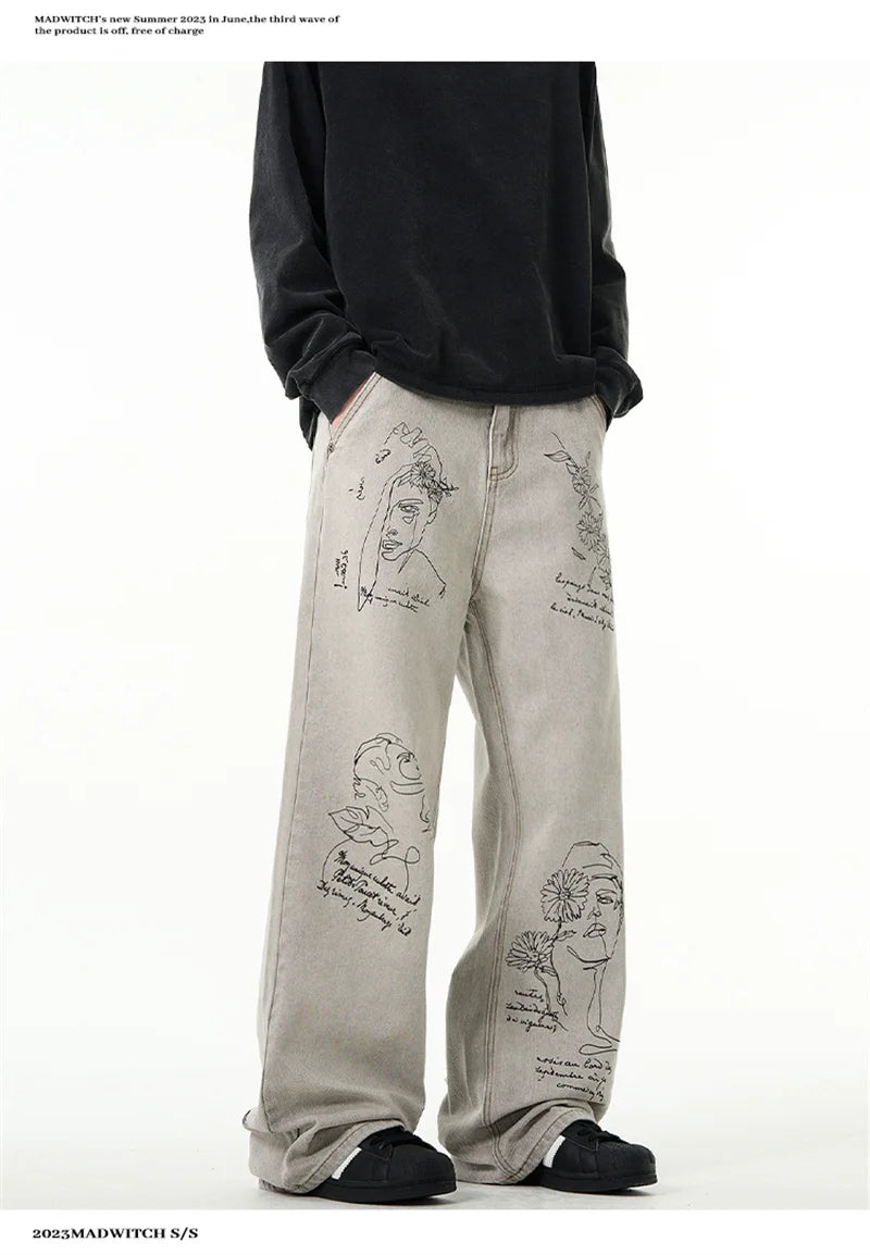 جينز مطبوع عليه رسومات جرافيتي أمريكية عتيقة