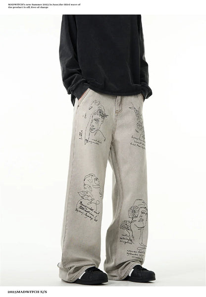 جينز مطبوع عليه رسومات جرافيتي أمريكية عتيقة